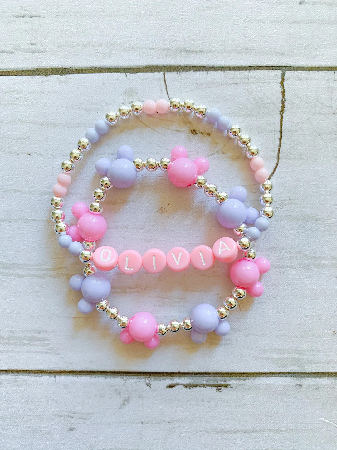 Pastel Pink and Purple Mouse Inspired Bracelet Stack, Personalized Name | Etsy (US)