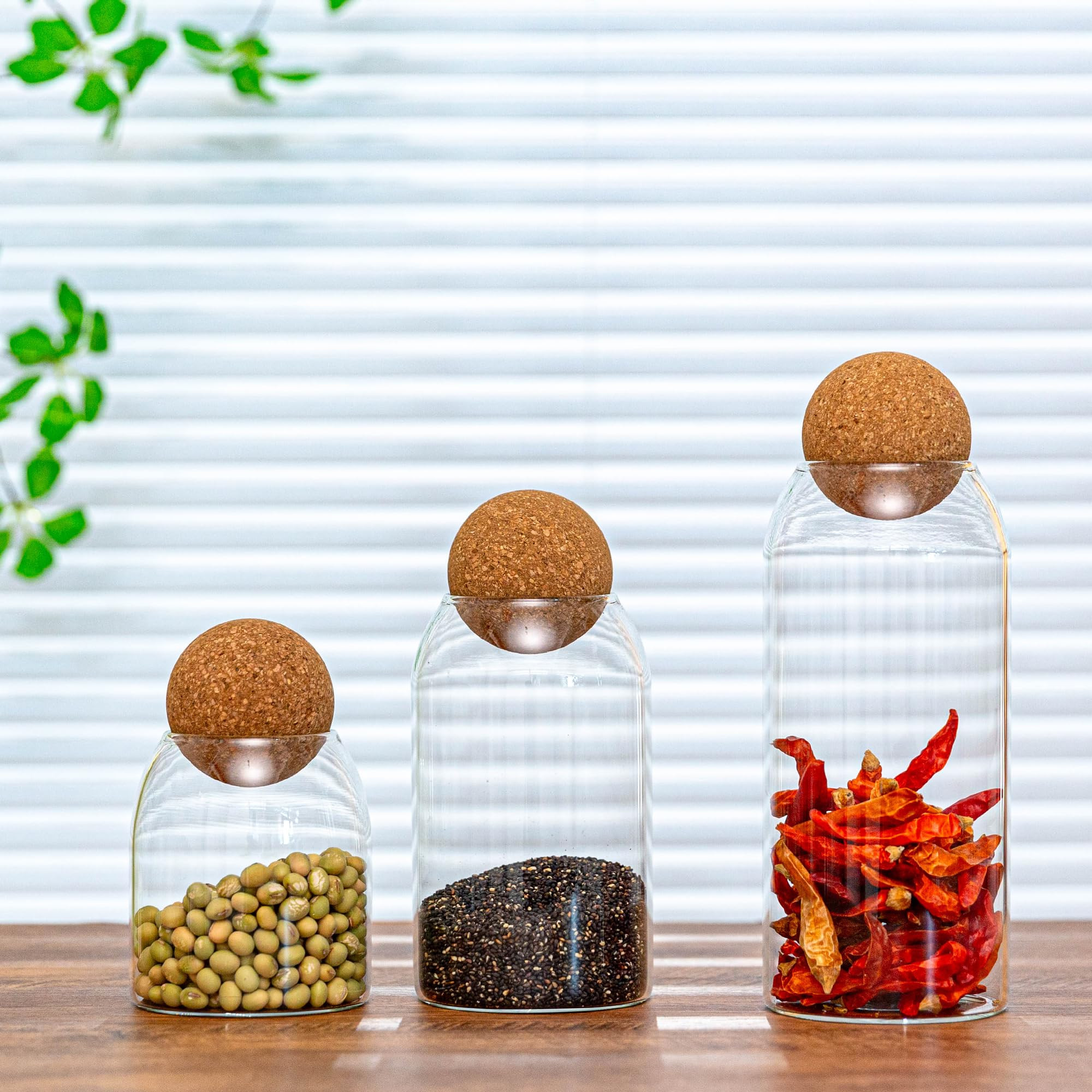 Glass Storage Jars with Ball Cork Lids - 3 Pcs Set, Decorative Round Glass Canisters, Wood Ball L... | Amazon (US)