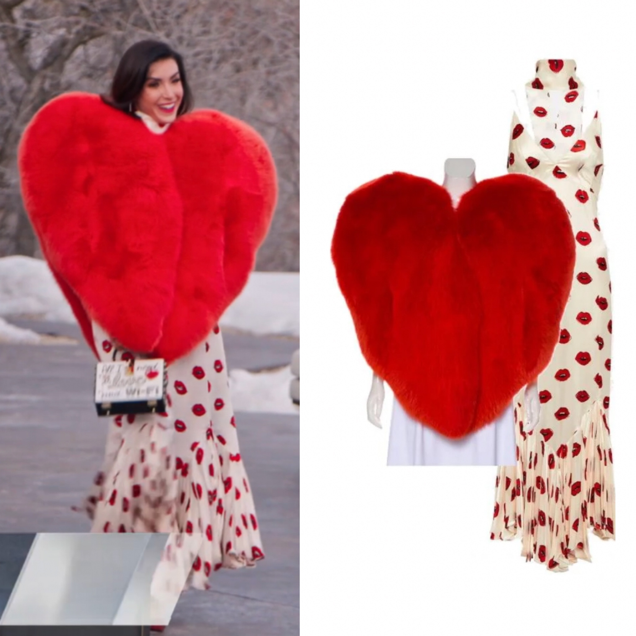 Bronwyn Newport’s Fur Heart Jacket and Lip Print Maxi Dress
