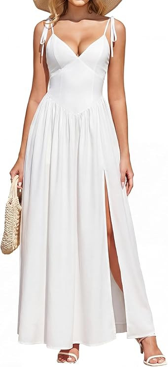 KUTUMAI Floral V Neck Slit Maxi Dress Lace Up Flowy Long Sundress Boho Summer Beach Wedding Guest... | Amazon (US)