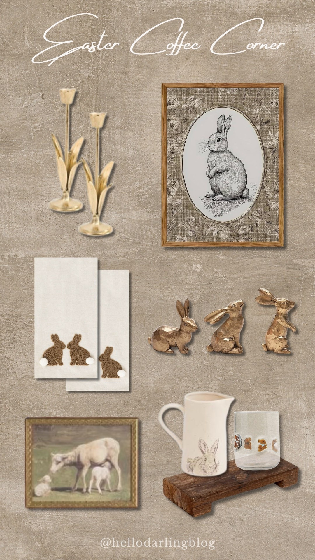 Creating the sweetest neutral Easter coffee corner with soft, vintage-inspired touches 🤍🐰 This organic modern spring setup mixes brass candlesticks, classic bunny wall art, vintage lamb artwork, and subtle rabbit accents for a cozy yet elevated seasonal refresh. I love incorporating grandmillenial details with earthy textures to keep holiday decor feeling timeless, minimal, and curated - perfect for a subtle Easter moment in the kitchen or coffee bar without overwhelming the space. Neutral spring decor, cottage-inspired styling, and delicate bunny accents make this the prettiest little seasonal corner. 

#LTKSeasonal #LTKHome #LTKSpringSale
