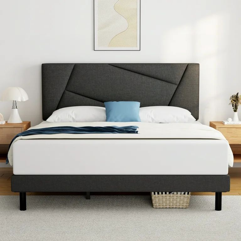 Queen Bed Frame, HAIIDE Queen Size Platform Bed Frame with Fabric Upholstered Headboard, Dark Gre... | Walmart (US)