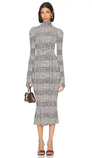 Long Sleeve Turtle Fishtail Midi Dress in Chocolate Glenn Plaid Tweed | Revolve Clothing (Global)
