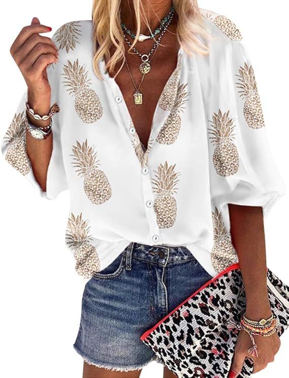 ZXZY Women Pineapple Printed Lapel Collar Half Sleeves Buttons Down Blouse Shirt | Amazon (US)