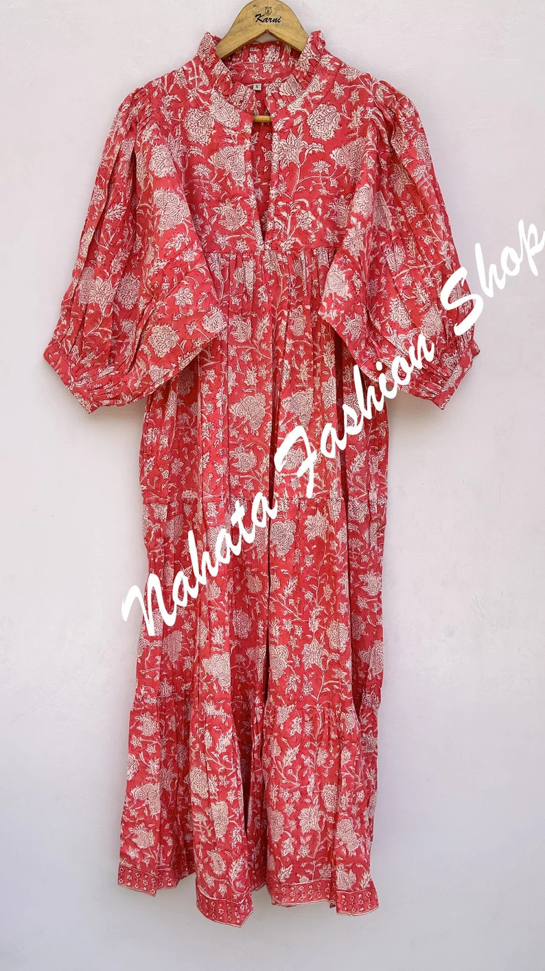 Cotton Red Floral Pattern Printed Maxi Dress V Neckline With Belt Boho Dress 3/4th Sleeves With B... | Etsy (US)