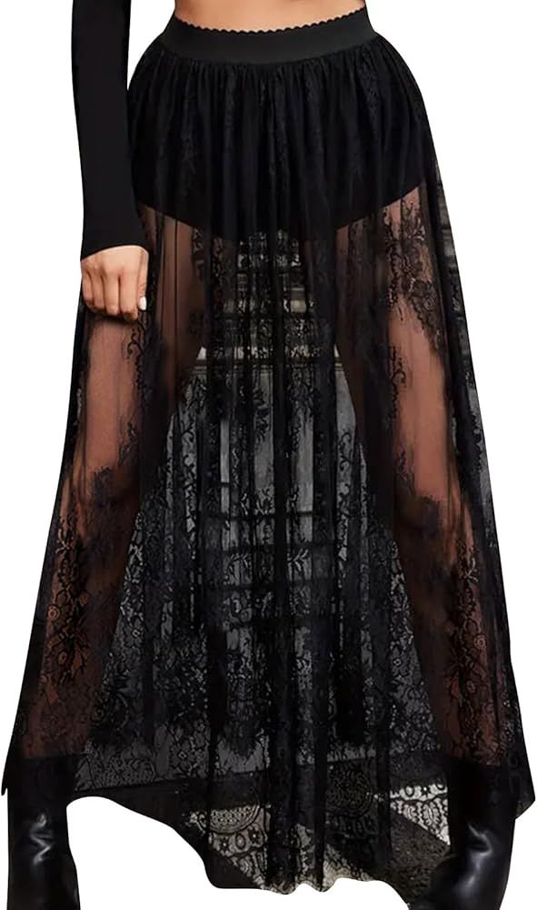 JOAU Womens Sheer Floral Lace Gothic Maxi Skirt Summer Beach Cover-ups Elastic High Waist Mesh St... | Amazon (US)