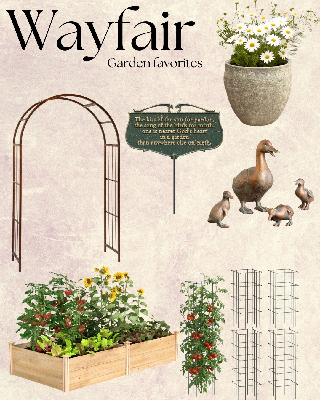 @Wayfair garden favorites | raised garden bed | tomato cage | planters | garden decor | cedar raised garden bed | arch trellis | natural patina arch  trellis | modern organic textured planted | duck garden decor | porch goose | garden accessories | garden tools | outdoor patio | outdoor dining table | garden sign | wildflower garden | vegetable garden | cut flower garden | home decor | outdoor & garden | interior design | exterior design | landscape | mud kitchen | kids outdoor toys | kids raised garden bed | watering can | water hose | retractable water hose | vego garden | bird bath | outdoor fountain | outdoor storage | hose pot holder | hose pot | new construction | new build | climbing plants | cucumber vining | garden 🪴 🪏🤍

#LTKSeasonal #LTKHome #LTKSaleAlert