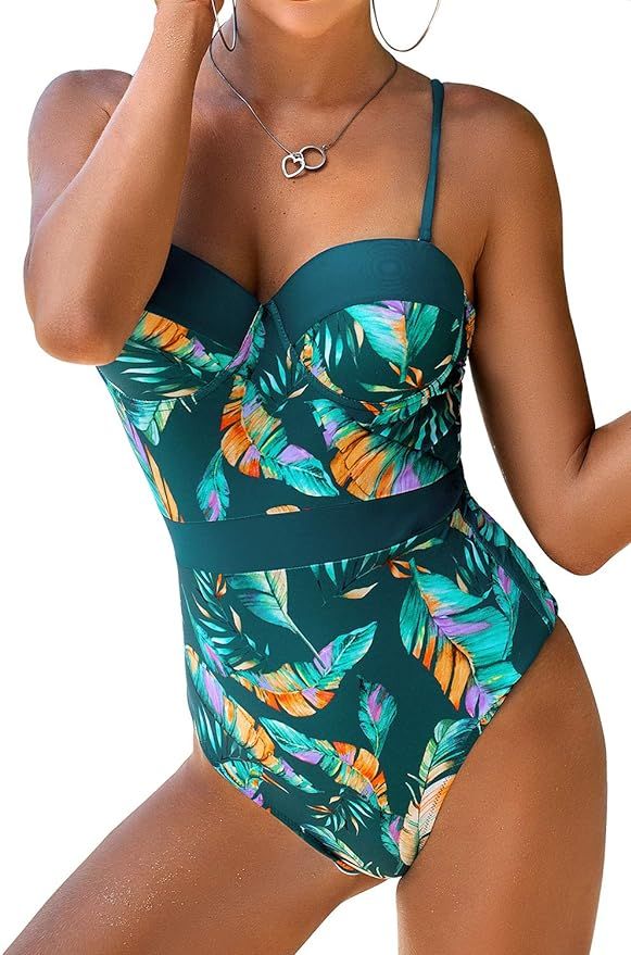 CUPSHE Women's Tropical Leafy Moulded Adjustable Straps One Piece Swimsuit | Amazon (US)