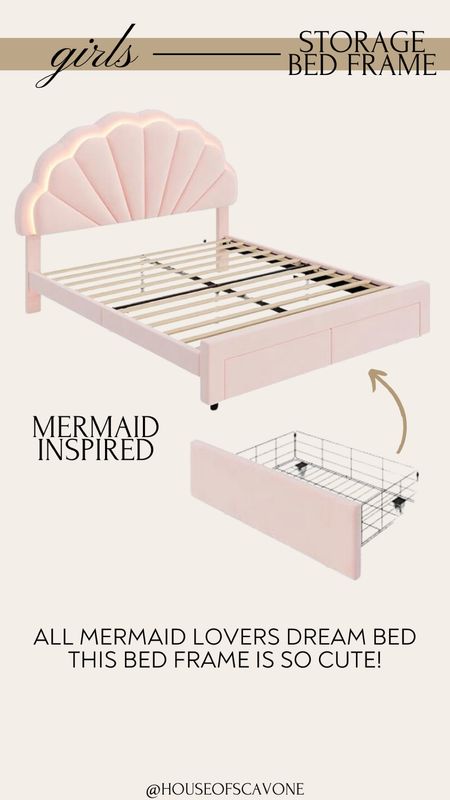 this shell mermaid inspired bed frame with storage drawers is SO cute! If Parker didn’t already have a bed frame she would be begging for this! and it’s under $320!!!! #girlsroom #mermaid #mermaidbedroom #mermaidinspired #beachbedroom #girlsbedroom #bedframe #storagebed #storagebedframe #upholsteredbed 

#LTKsalealert #LTKkids #LTKhome