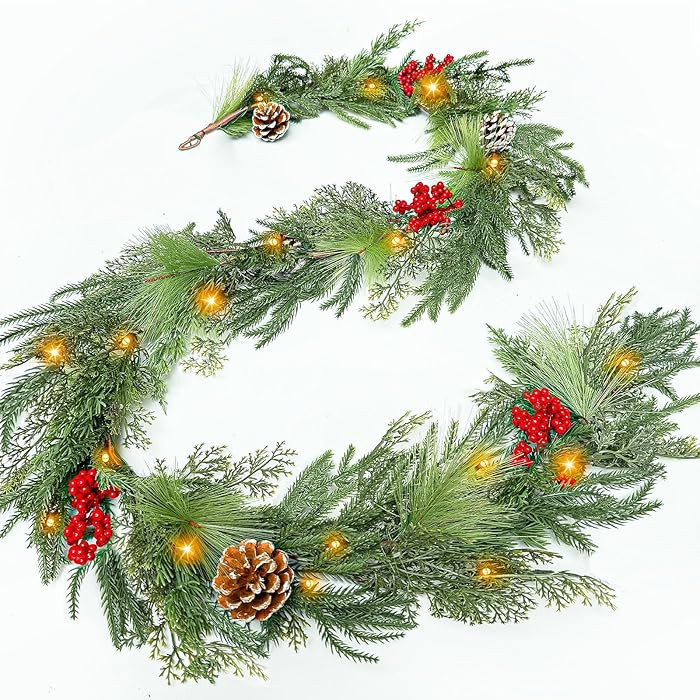 Prelit & Timer - 6FT Christmas Garland with Lights, Real Touch Norfolk Pine Garland Green Cedar G... | Amazon (US)