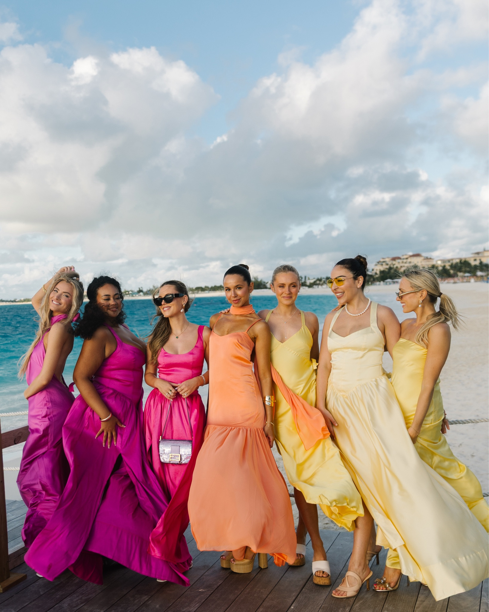Sunset beach dinner 
Bachelorette theme outfit 
Pink dress, orange dress, yellow dress 
Bridesmaid dress
Show me your mumu 
Vacation dress 
Beach outfit 