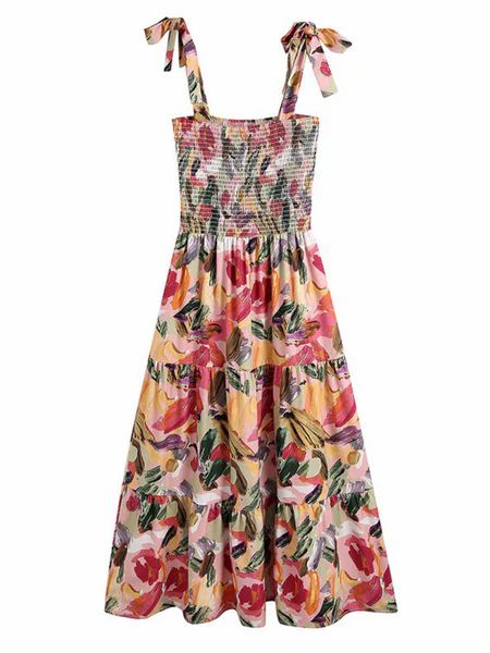 'Lexis' Paint Brush Tied Strap Ruched Maxi Dress | Goodnight Macaroon