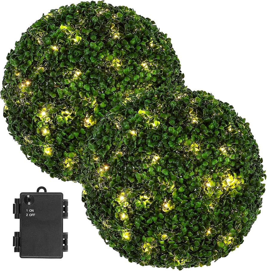 2 Pcs Lighted Topiary Ball Outdoor Pre-Lit Faux Boxwood Planter Filler Sphere, Artificial Topiary... | Amazon (US)