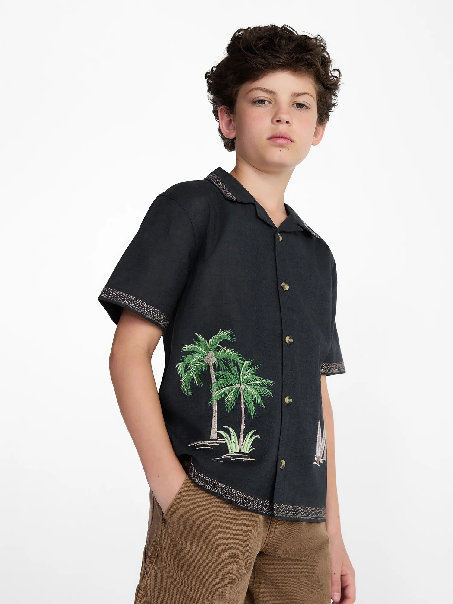 Weekend Academy Boys Embroidered Button Shirt with Short Sleeves, Sizes 4-18 - Walmart.com | Walmart (US)