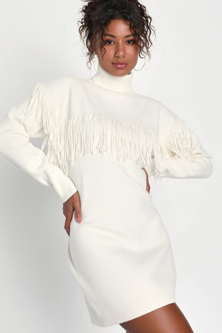Cozy Obsession Ivory Turtleneck Fringe Mini Sweater Dress | Lulus (US)