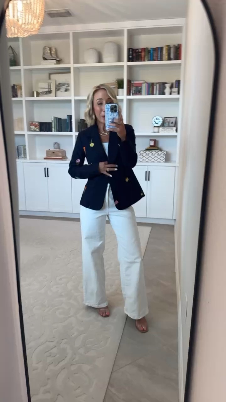 This Floral Embroidered Blazer is back in stock!
• Embroidered Single Breasted Blazer - size XS. $48.
* White Wide Leg Jeans - size 0. $26.98. 4 colors.
* White Tank - size XS.

#LTKOver40 #LTKSeasonal