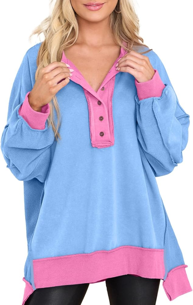 AlvaQ Sweatshirt for Women Oversized Casual Long Sleeve Button Henley Neck Pullover Tunic Tops Fa... | Amazon (US)