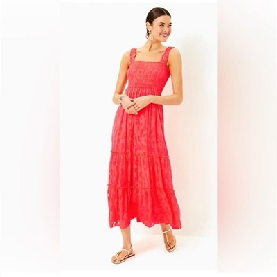 Lilly Pulitzer Mizner Red Hadley Smocked Bodice l Maxi Dress Great Cond (S) | eBay US