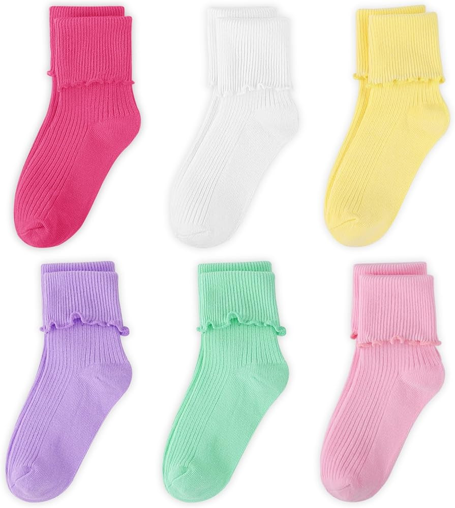 BOOPH 6 Pairs Girls Ruffle Socks Baby Toddlers Turn Cuff Slouch Crew Socks for Kids | Amazon (US)