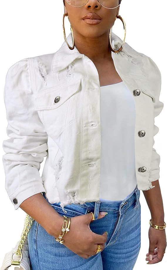 AMEBELLE Jean Jacket for Women Long Puff Sleeve Distressed Crop Denim Jackets Top | Amazon (US)