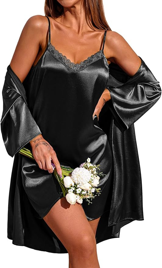 Ekouaer Women's Satin Robe Set Silk Pajama Sets Nightgown with Robes Lace Cami Sleepwear Bridesma... | Amazon (US)