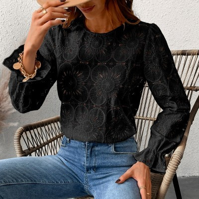 Women's Long Sleeve Embroidered Floral Eyelet Blouse Shirt -Cupshe-L-Black | Target