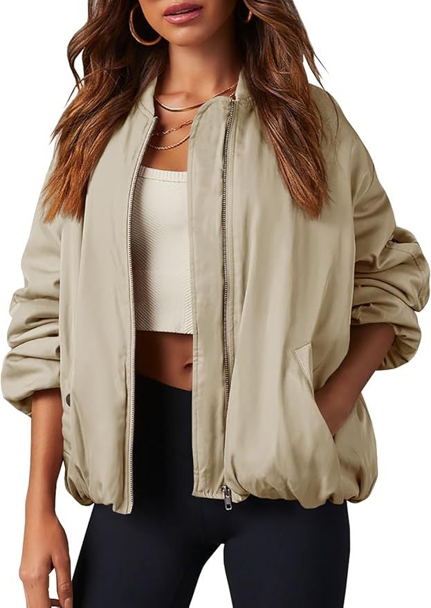 Tankaneo Womens Zip Up Bomber Jacket Oversized Fashion Casual Fully Lined Winter Coats With Pocke... | Amazon (US)