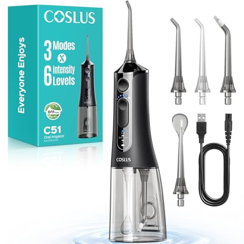 COSLUS Portable Water Flosser for Teeth: 3 Modes & 6 Pressure Settings with Jet Mode Water Dental Pick for Orthodontic, Braces, Sensitive Gums, Compact for Travel, 300ML for Multiple Users, Black C51 | Amazon (US)