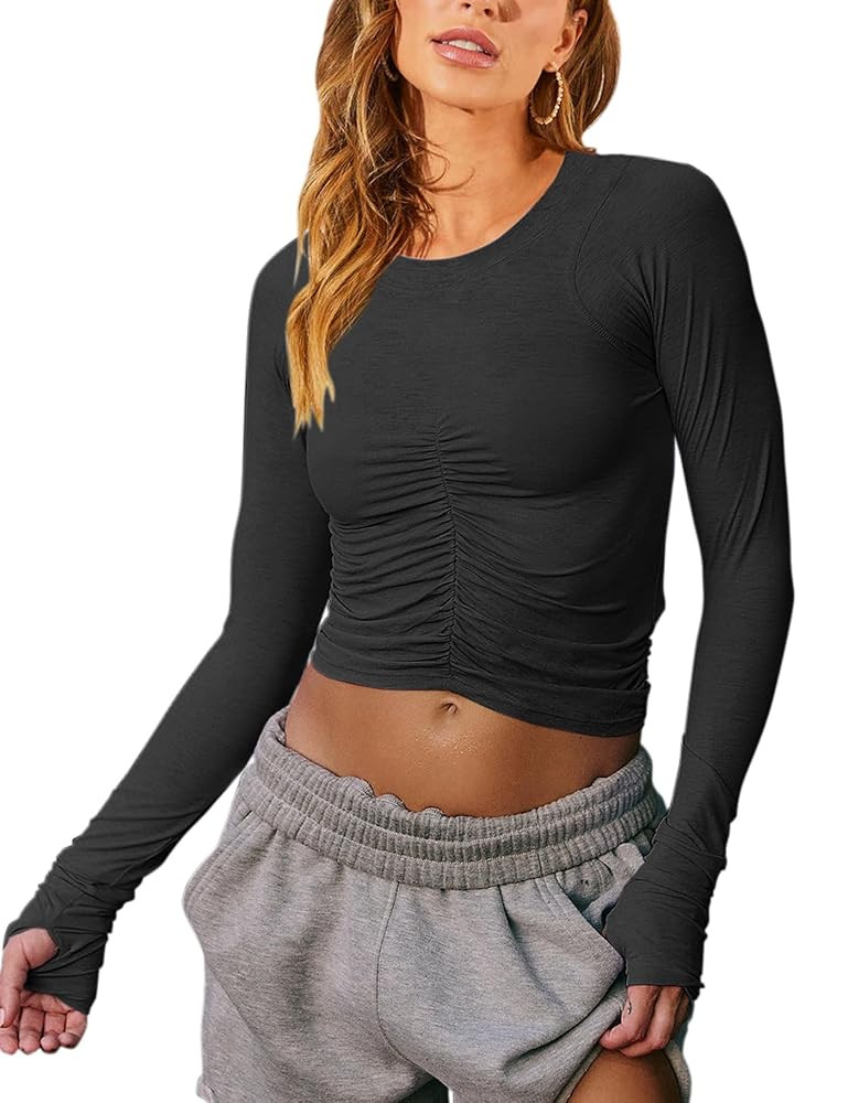 Vivitulip Women’s Long Sleeve Shirts Basic Fall Ruched Slim Fitted Crop Tops Tight Athletic Blo... | Amazon (US)
