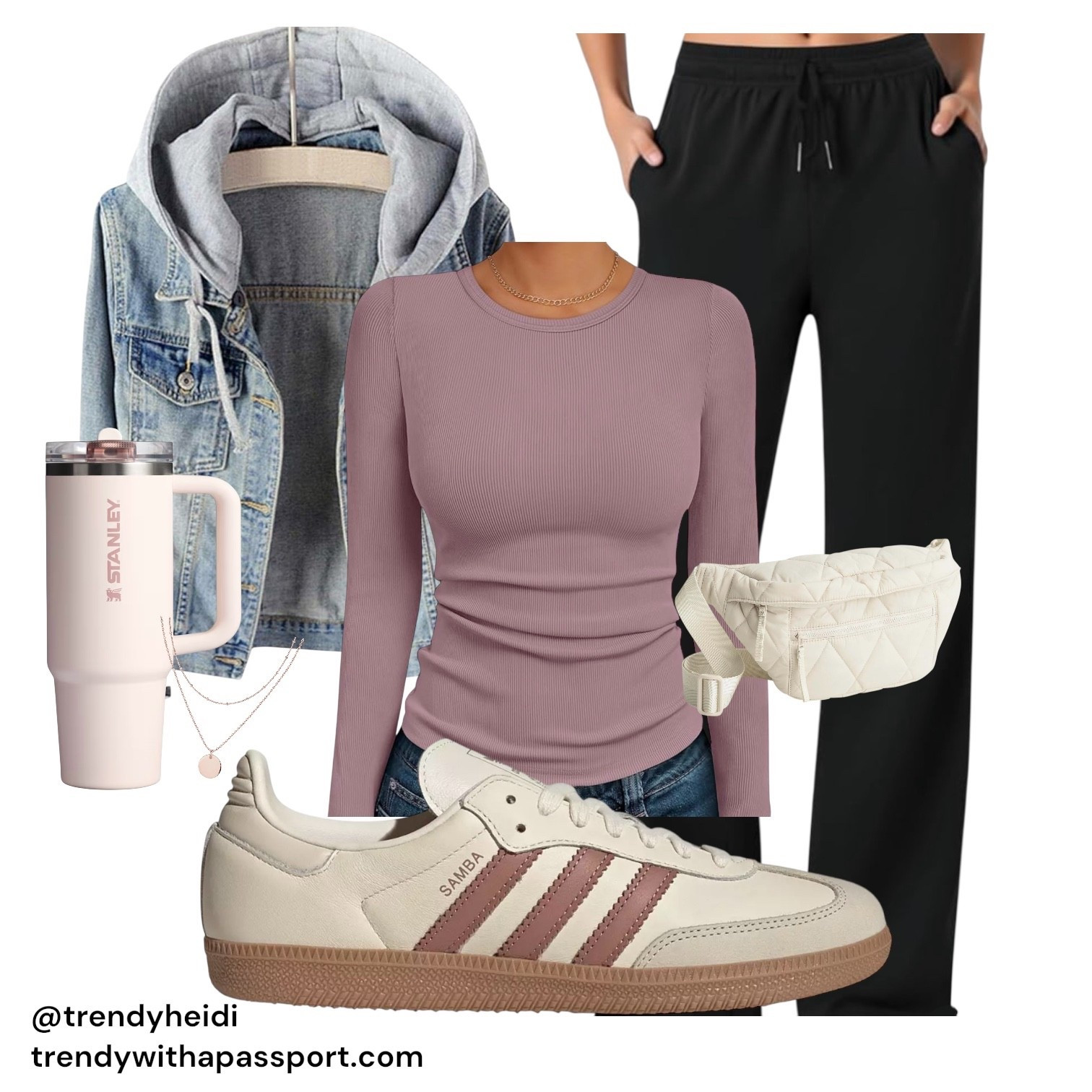 
A soft, minimalist flat-lay collage featuring a chic everyday athleisure look. Centered is a mauve ribbed long-sleeve top paired with relaxed black joggers for an effortless, elevated comfort vibe. Layered behind is a classic denim jacket with an attached grey hoodie, adding texture and casual street-style warmth. Accessories include a quilted cream belt bag for hands-free convenience, a layered gold necklace for subtle shine, and a blush Stanley tumbler for the perfect on-the-go aesthetic. Completing the look are cream Adidas Samba sneakers with muted rose stripes, giving the outfit a sporty yet polished edge. The overall scene is modern, wearable, and perfect for travel days, errands, school drop-off, or casual weekend outings. Branded with @trendyheidi and trendywithapassport.com for cohesive creator identity and Pinterest-ready styling.

⸻



#athleisureoutfit #casualstyle #everydayoutfits #cozystyle #fallfashion #winterfashion #errandoutfit #traveloutfitideas #sambastyle #amazonfashionfinds #targetstylefinds #fashioncollage #styleinspo #neutralstyle #minimalistfashion #capsulewardrobeideas #weekendoutfit #trendyheidi #aestheticoutfits #pinterestoutfit #streetstyleinspo #outfitideas2025 #comfortablefashion #momstyleinspo #ootdinspo

#LTKHoliday #LTKdayinmylife #LTKGiftGuide