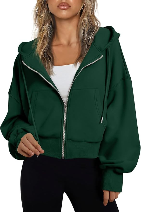 Trendy Queen Hoodies for Women Full Zip Up Cropped Sweatshirts Jackets Casual Comfy Gym Tops Fall... | Amazon (US)