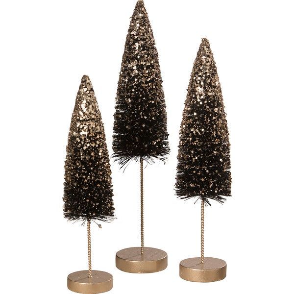 Black Bottle Brush Trees With Gold Glitter, Set of 3 | Maisonette