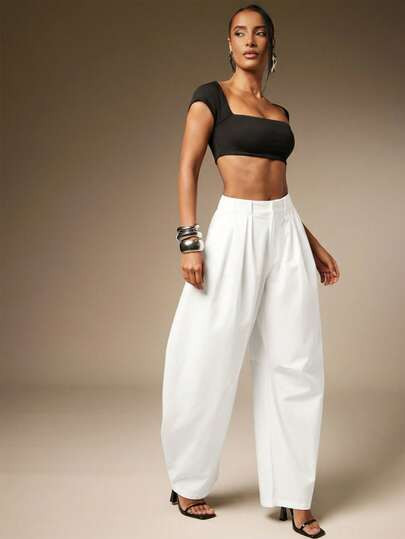 Hauture Basic Summer Casual Solid Charcoal Pleated Oversized Barrel Pants | SHEIN