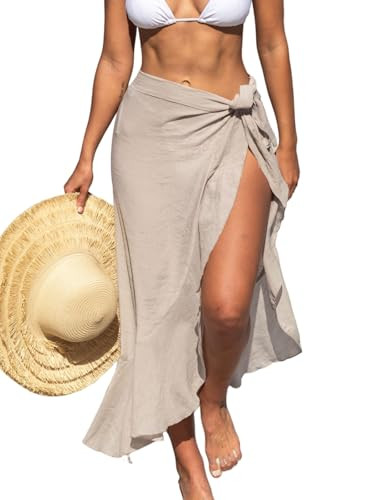 CUPSHE Women's Sarong Coverup Sheer Long Bikini Wraps Ruffle Beach Cover Ups Sarongs Beige, M | Amazon (US)