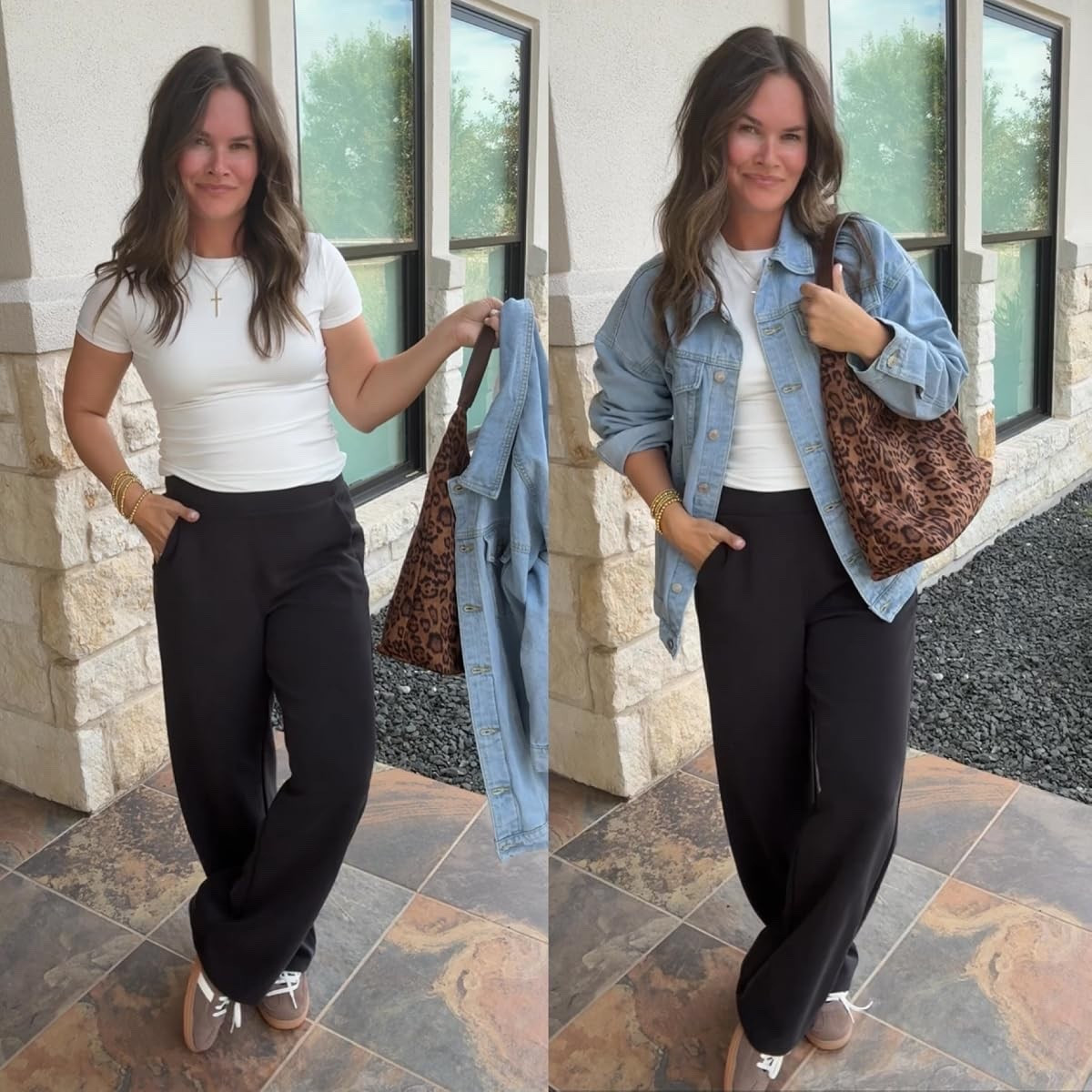 The kind of outfit that makes getting dressed SO easy! 👏 Black wide leg pants, a white tee, and a denim jacket with a little leopard. Perfect for busy fall days!

black wide leg pants, denim jacket, white tee, leopard tote bag, casual fall outfit, everyday mom outfit, fall fashion, comfortable pants, sporty casual outfit, fall wardrobe staples, easy fall outfit, JulieFranks