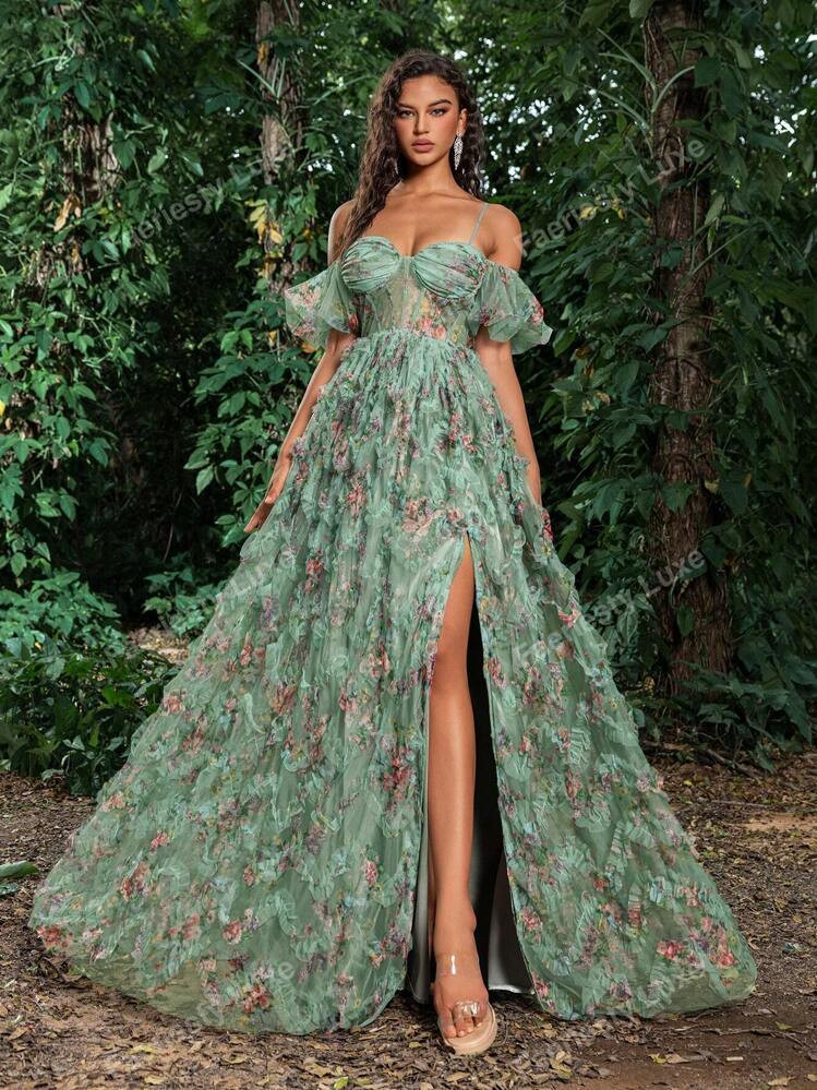 Faeriesty Back Lace Up Floral Mesh Cake Dress Elegant Formal Evening Prom Wedding Guest Gown, For... | SHEIN