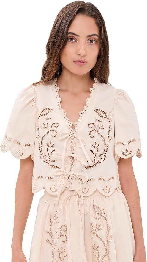 MOON RIVER Women's Short Sleeve Embroidered Eyelet Front Tie Top | Amazon (US)