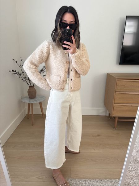Astr the label boucle cream lady sweater. Love this so much!!! Such a statement piece in a be it real color tho. Wearing the small. 

Astr the label cardigan small
Everlane jeans 26. Went up 2 sizes and cut hems. 
Jeffrey Campbell flats 5.5 
Celine sunglasses  

Jeans, spring outfits, petite style 

#LTKshoecrush #LTKSeasonal