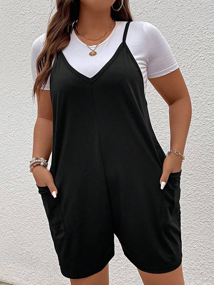 SHEIN LUNE Plus Solid Dual Pocket Cami Romper Without Tee | SHEIN