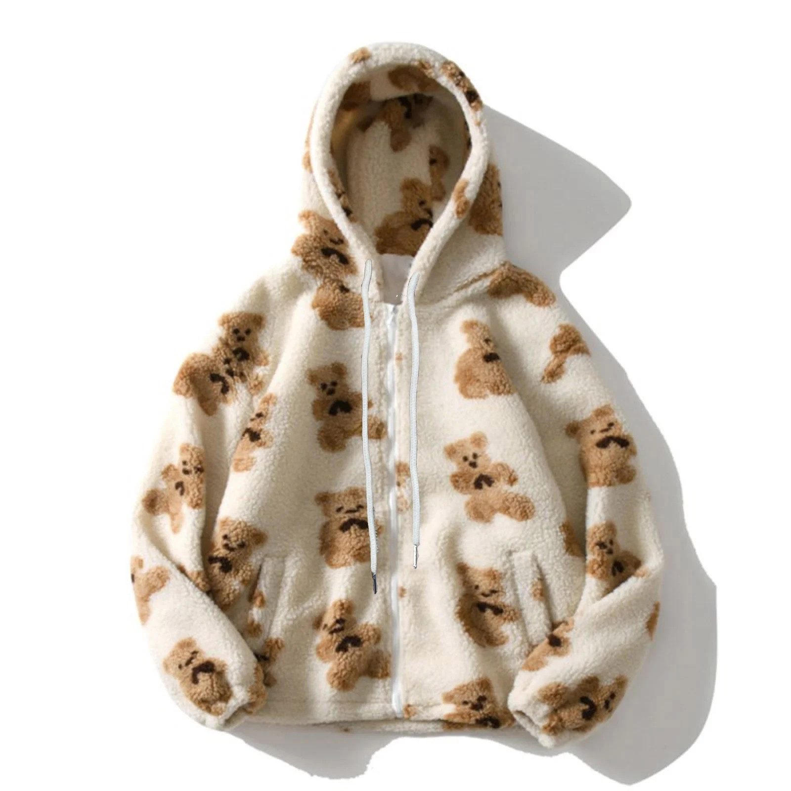 Women Full Zip Up Long Sleeve Hooded Cute Teddy Bear Print Drawstring Coat Fleece Outwear with Po... | Walmart (US)