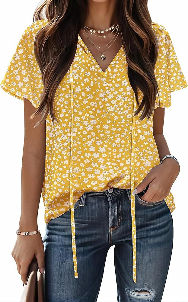 HOTOUCH Women's Casual Short Sleeve Shirts Summer Printed V Neck Blouses Drawstring Ruffled Boho ... | Amazon (US)