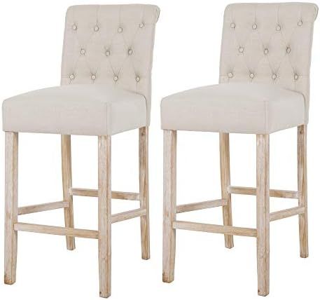 NOBPEINT Fabric Upholstered Barstools Solid Wood Legs Seat Height 29", Tan (Set of 2) | Amazon (US)