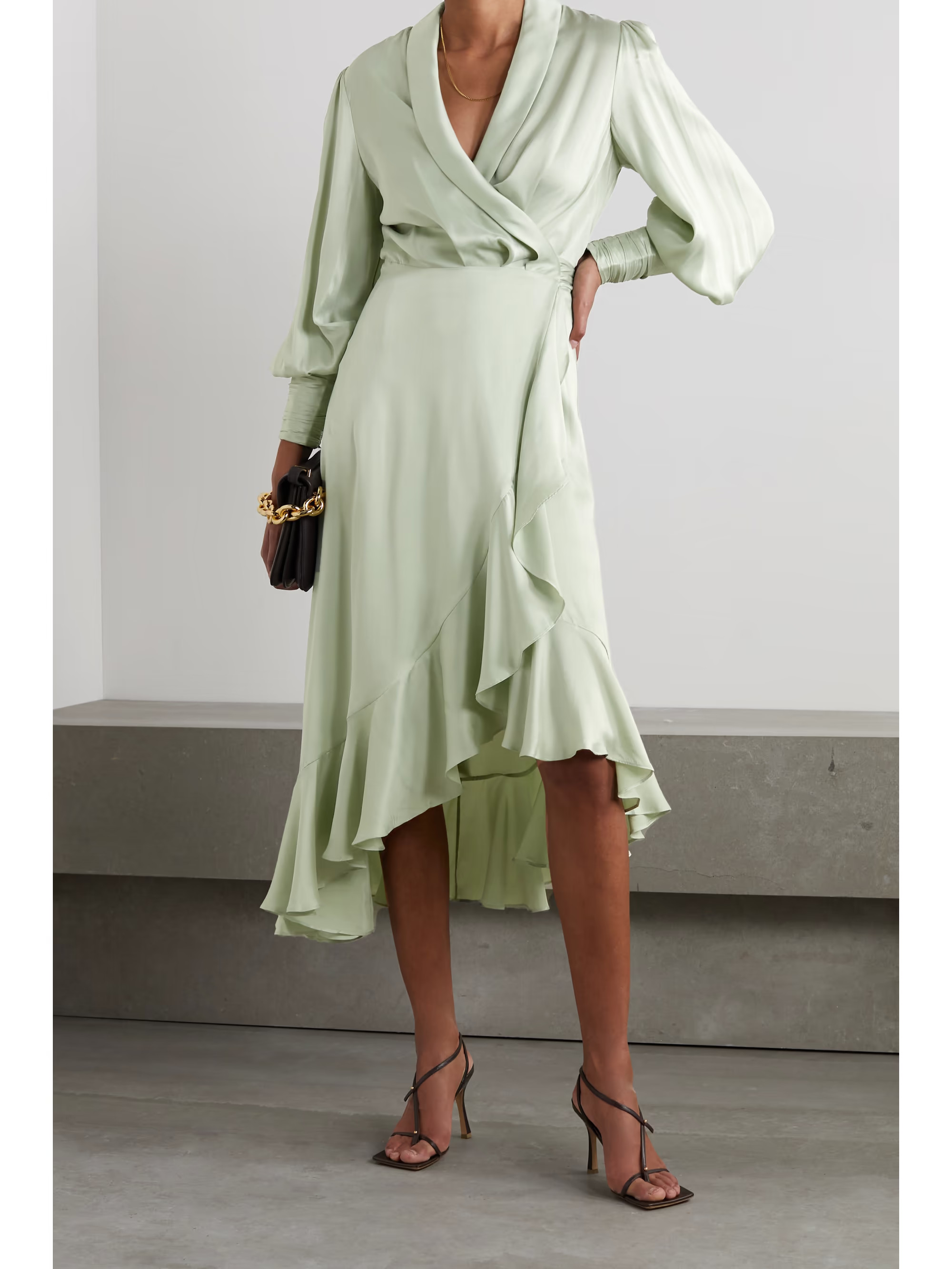 Asymmetric ruffled silk-satin wrap dress | NET-A-PORTER (UK & EU)