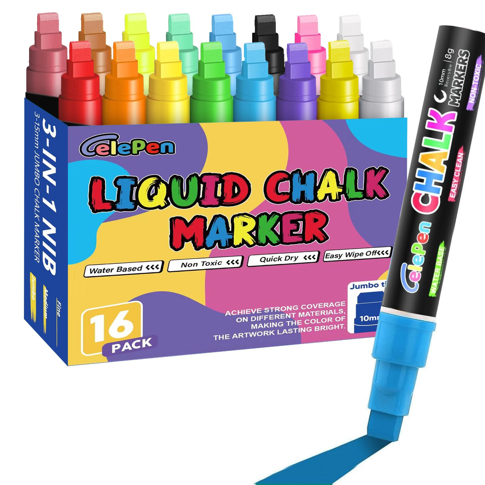 Window Chalk Markers for Cars Glass Washable, 16 Colors Jumbo Liquid Chalk Marker Pens with 10mm ... | Amazon (US)