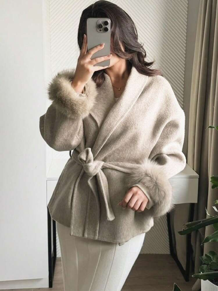 Romantic, Elegant, Minimalist Casual Fashion Commuter Wool Blend Long Sleeve Warm Coat, Solid Color Faux Wool & Faux Fur Trim, Women Wool Coat For Holiday, Evening Date, Office, Vacation, Autumn/Winter | SHEIN
