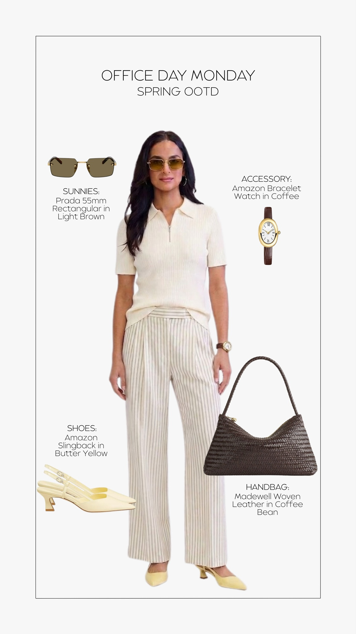 elevate your work week with a sophisticated palette. i’m loving the mix of this crisp ribbed polo with striped trousers for a polished yet comfortable office look. finish it off with butter yellow slingbacks and coffee-toned leather for a modern, professional vibe. #workwear #officeoutfit #springfashion #ltkhome #liketkit

#LTKootd