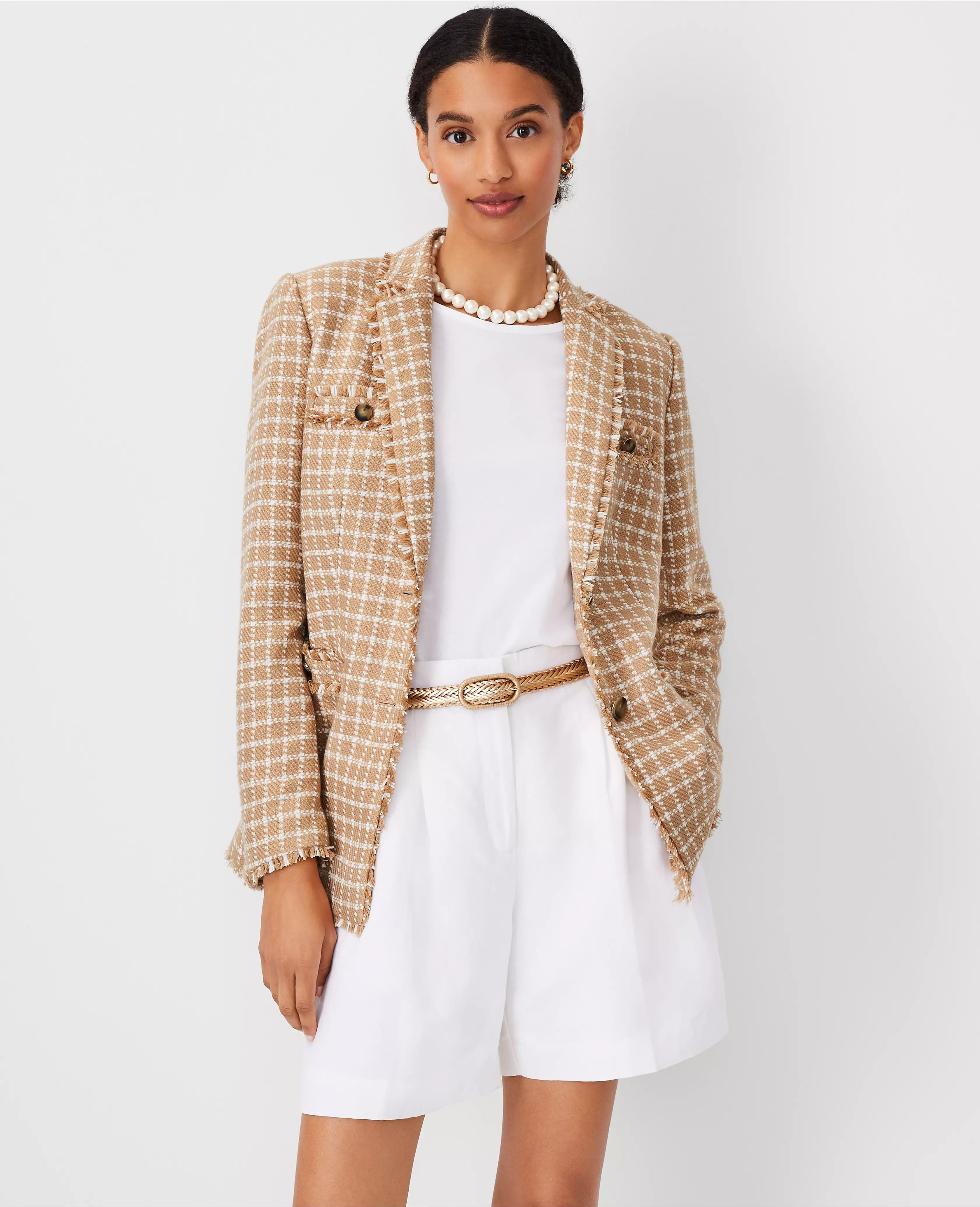 Petite Plaid Fringe Tweed Blazer | Ann Taylor (US)
