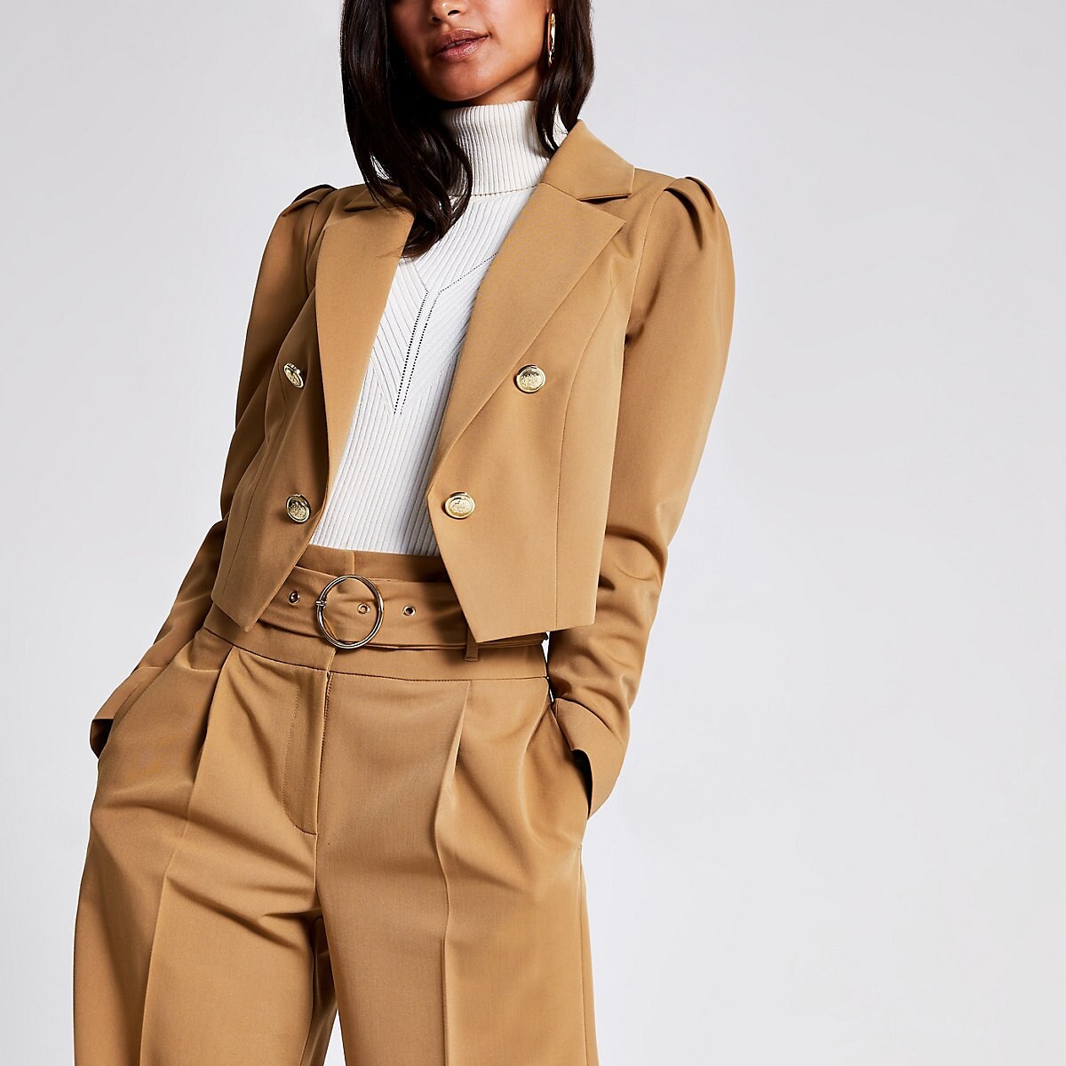 Petite light brown cropped blazer | River Island (UK & IE)