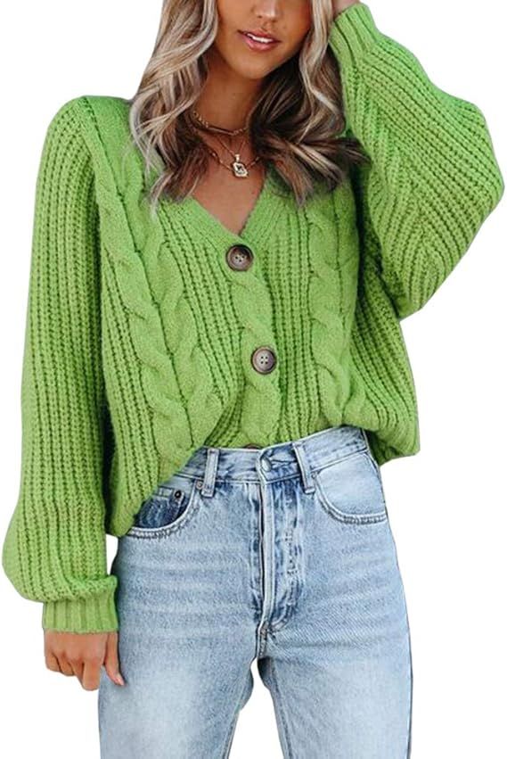 Womens Button Down Cable Knit Batwing Sweater Cardigans V Neck Long Sleeve Open Front Outwear | Amazon (US)