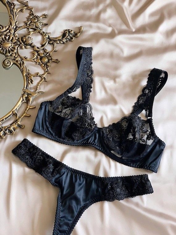 Silk lingerie set with embroidered lace, Black silk lingerie set, Sexy lingerie, Lace lingerie wi... | Etsy (US)